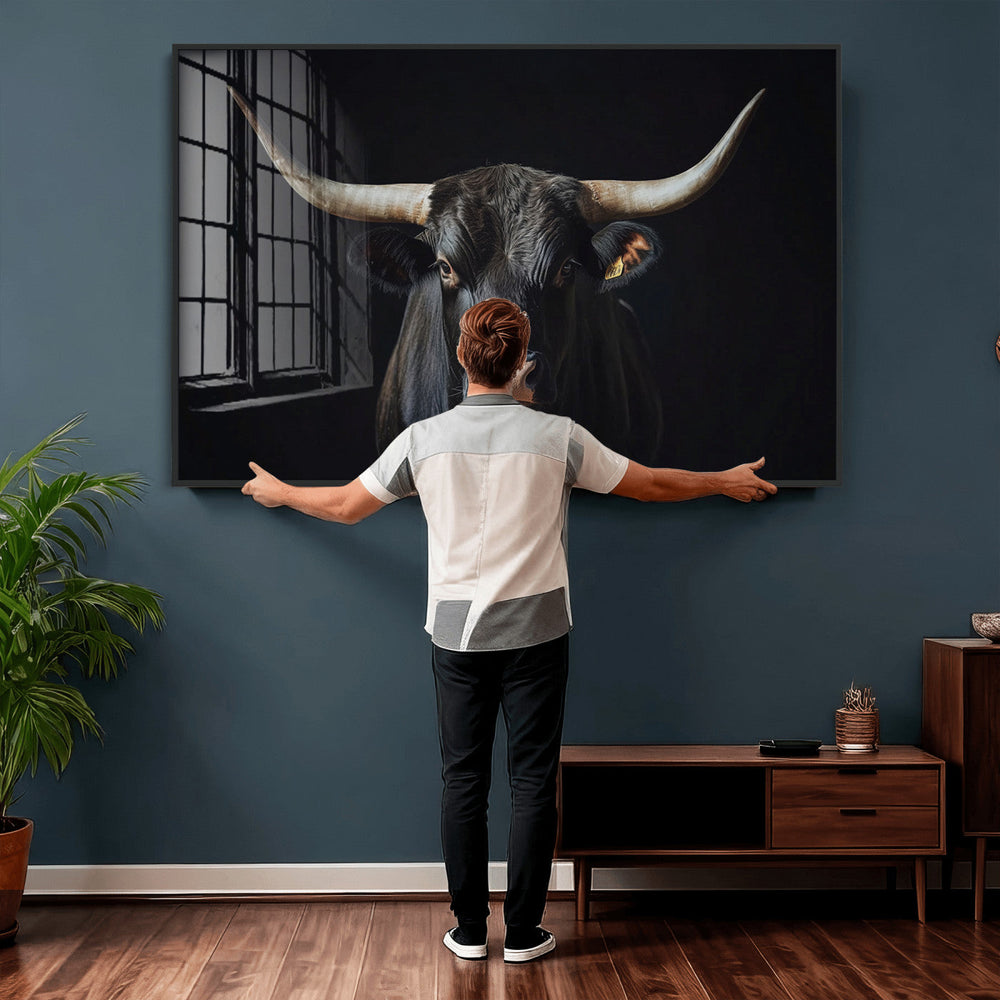 Majestic Longhorn Bull Wall Art Canvas Print – Dark