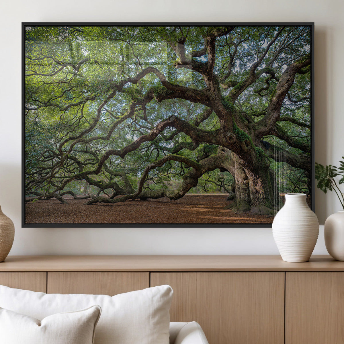 Historic Tree Wall Art – Framed Mossy Branch Canvas Artwork,