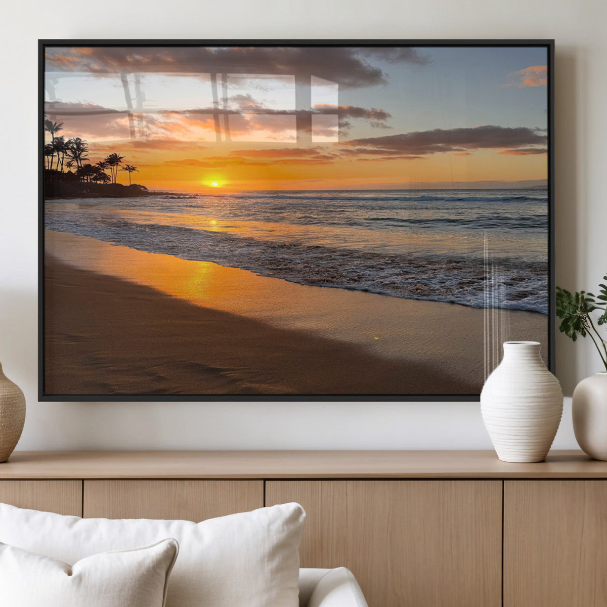 Tropical Beach Wall Art – Framed Sunset Ocean Canvas