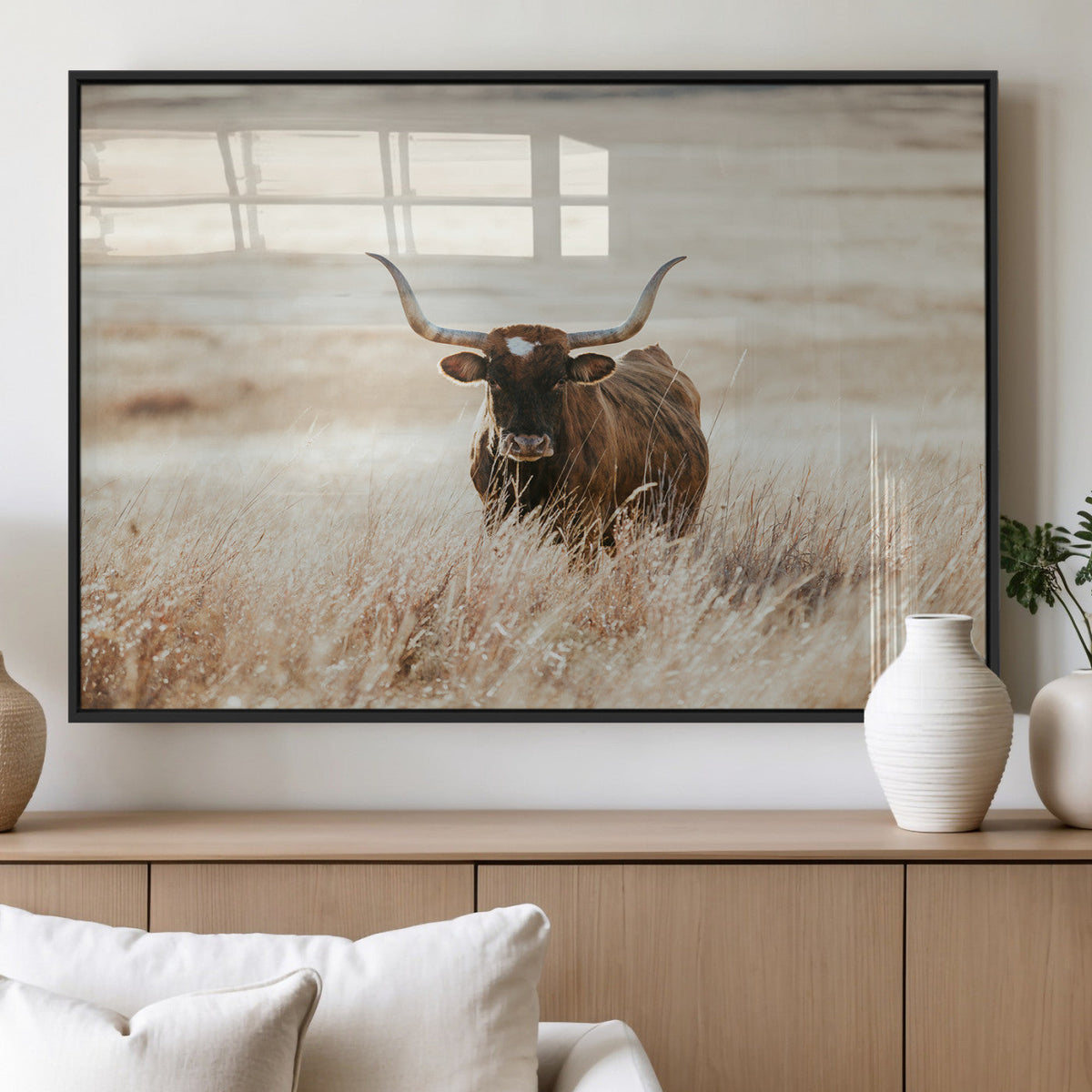 Texas Longhorn Wall Art Canvas Print – Framed Brown Horned