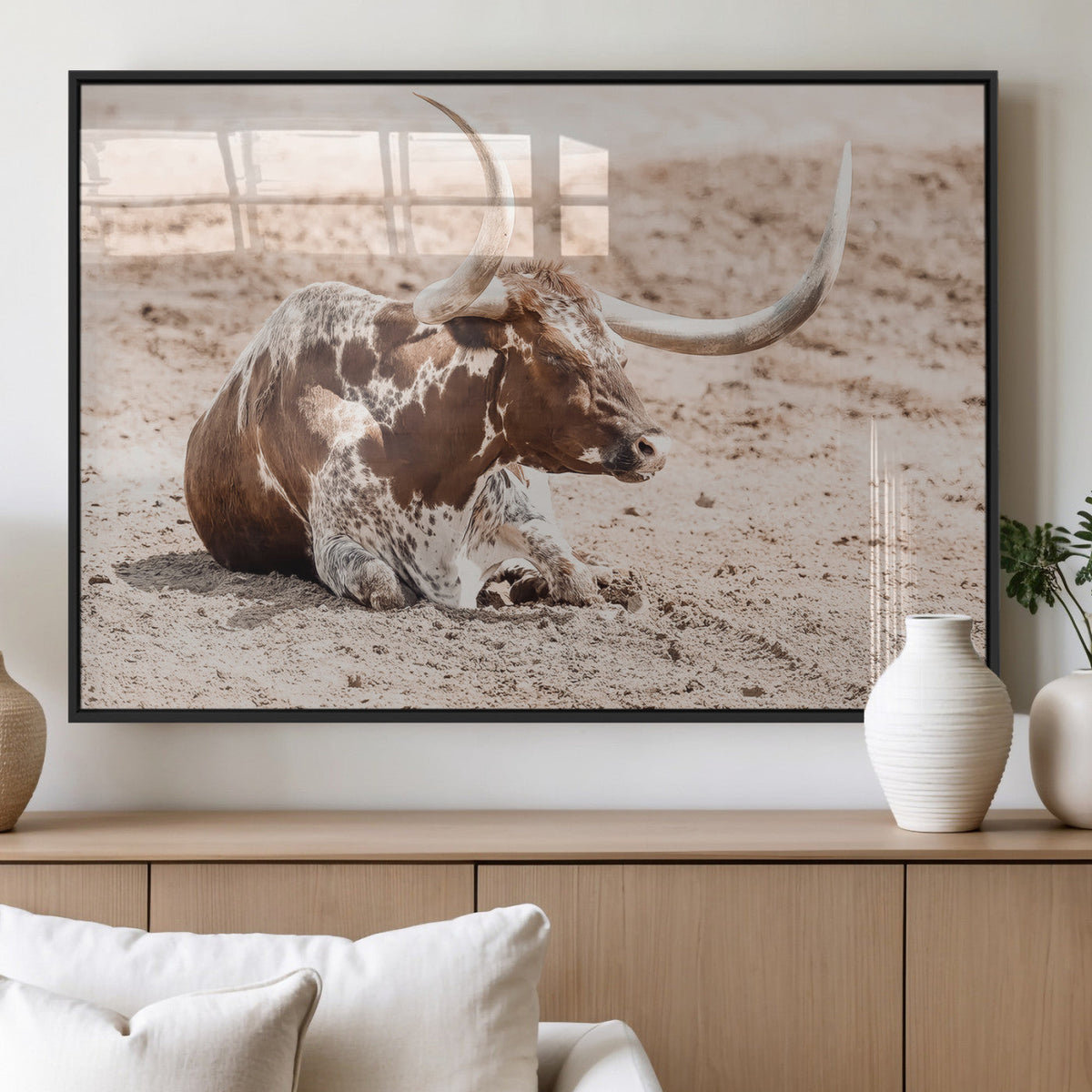 Texas Longhorn Wall Art Canvas Print – Framed Resting Bull