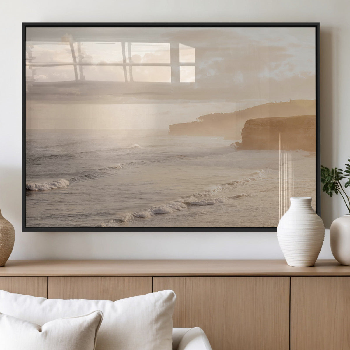 Misty Coastal Wall Art Canvas Print – Framed Golden Sunset