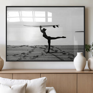 Yoga Surf Wall Art Canvas Print – Framed Black White Shore