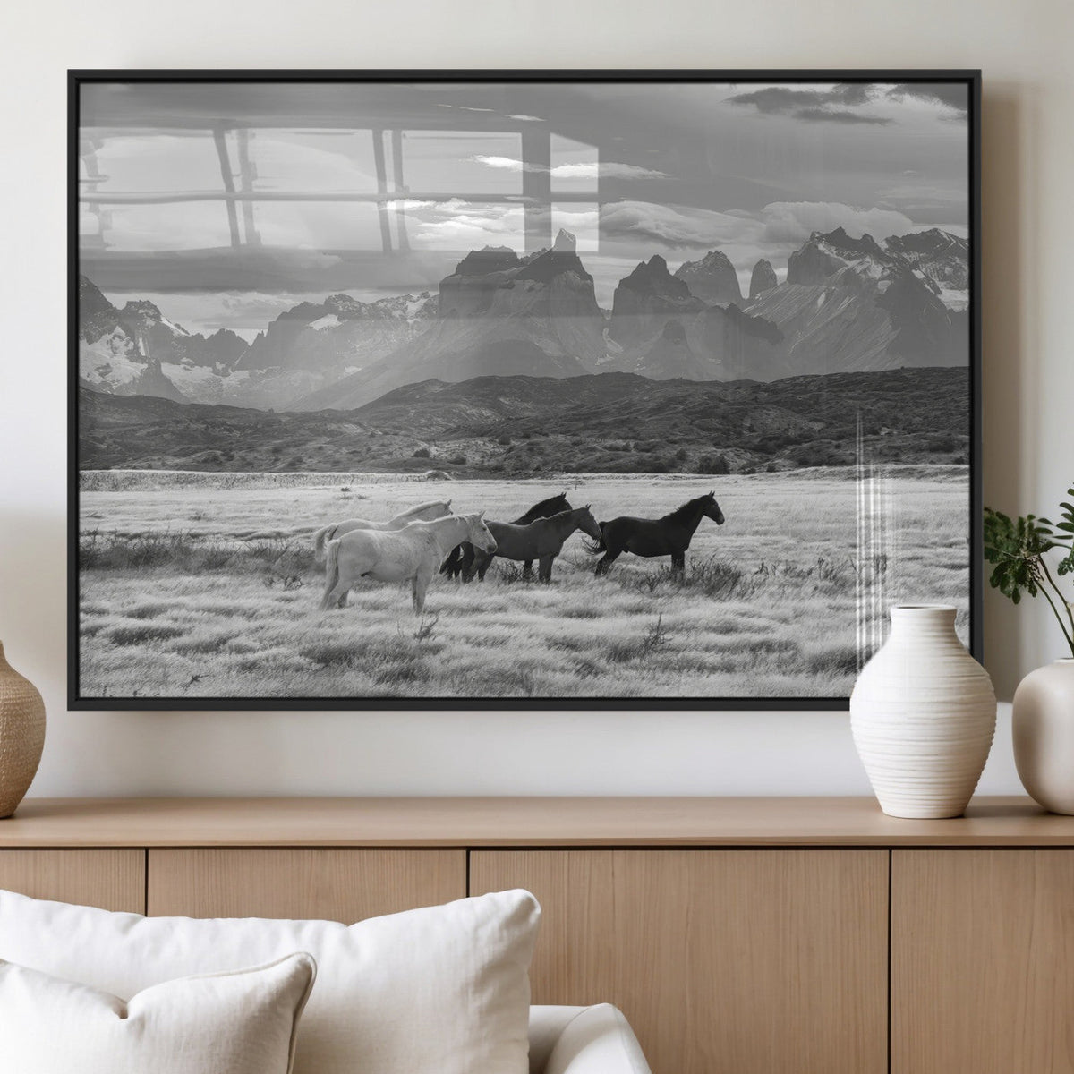 Wild Horses Wall Art Canvas Print – Framed Black and White
