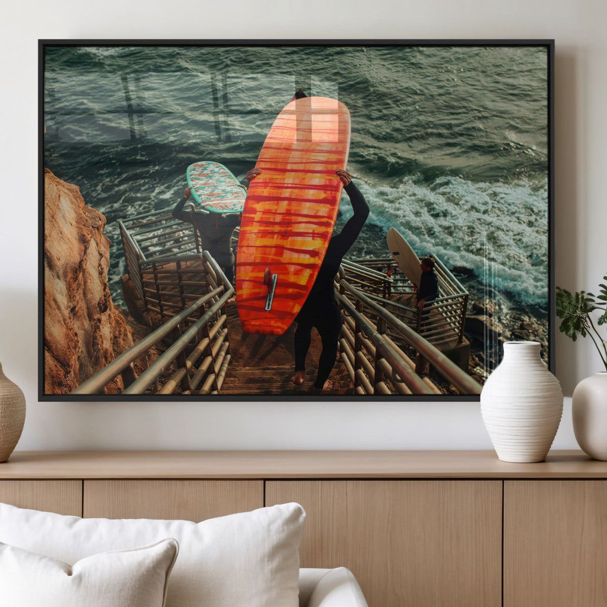 Surfer Stairway Wall Art Canvas Print – Framed Ocean Surf