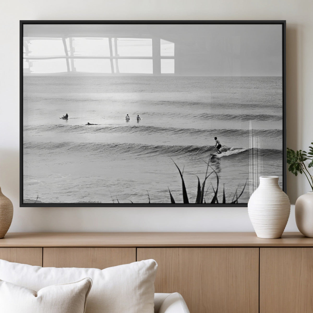 Surfer Silhouette Wall Art – Framed Calm Ocean Monochrome