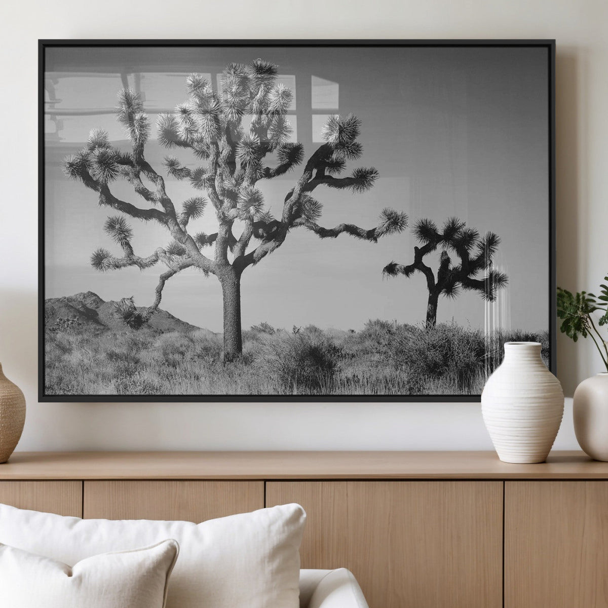 Joshua Tree Wall Art Canvas Print – Framed Monochrome Desert