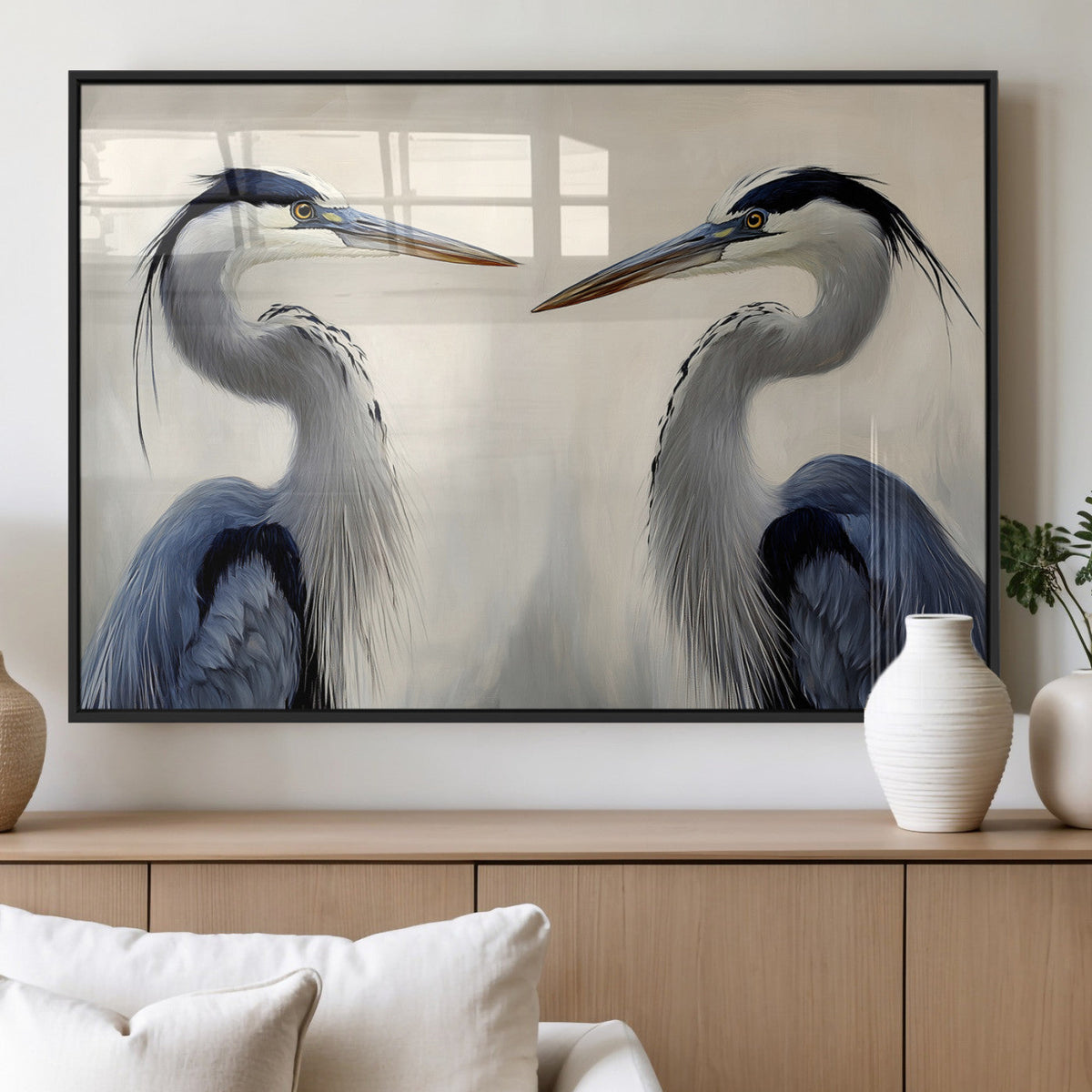 Blue Heron Pair Wall Art Canvas Print, Framed Coastal Bird