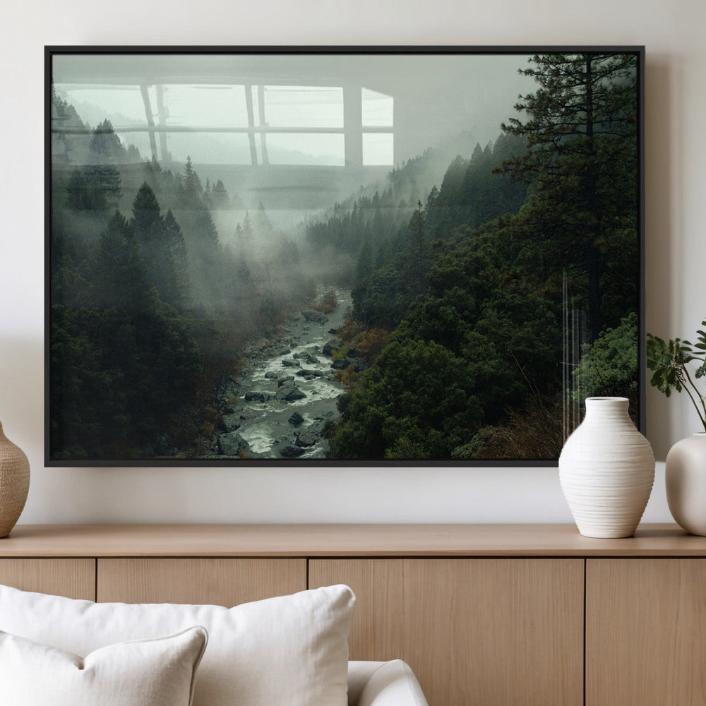 Misty Forest Wall Art Canvas Print – Framed Foggy River