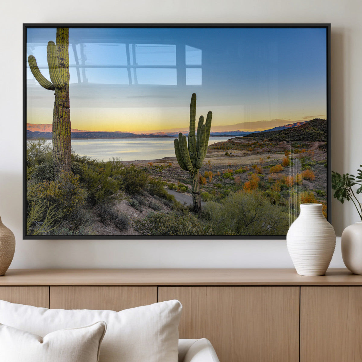 Saguaro Cactus Wall Art Canvas Print – Framed Desert Sunset