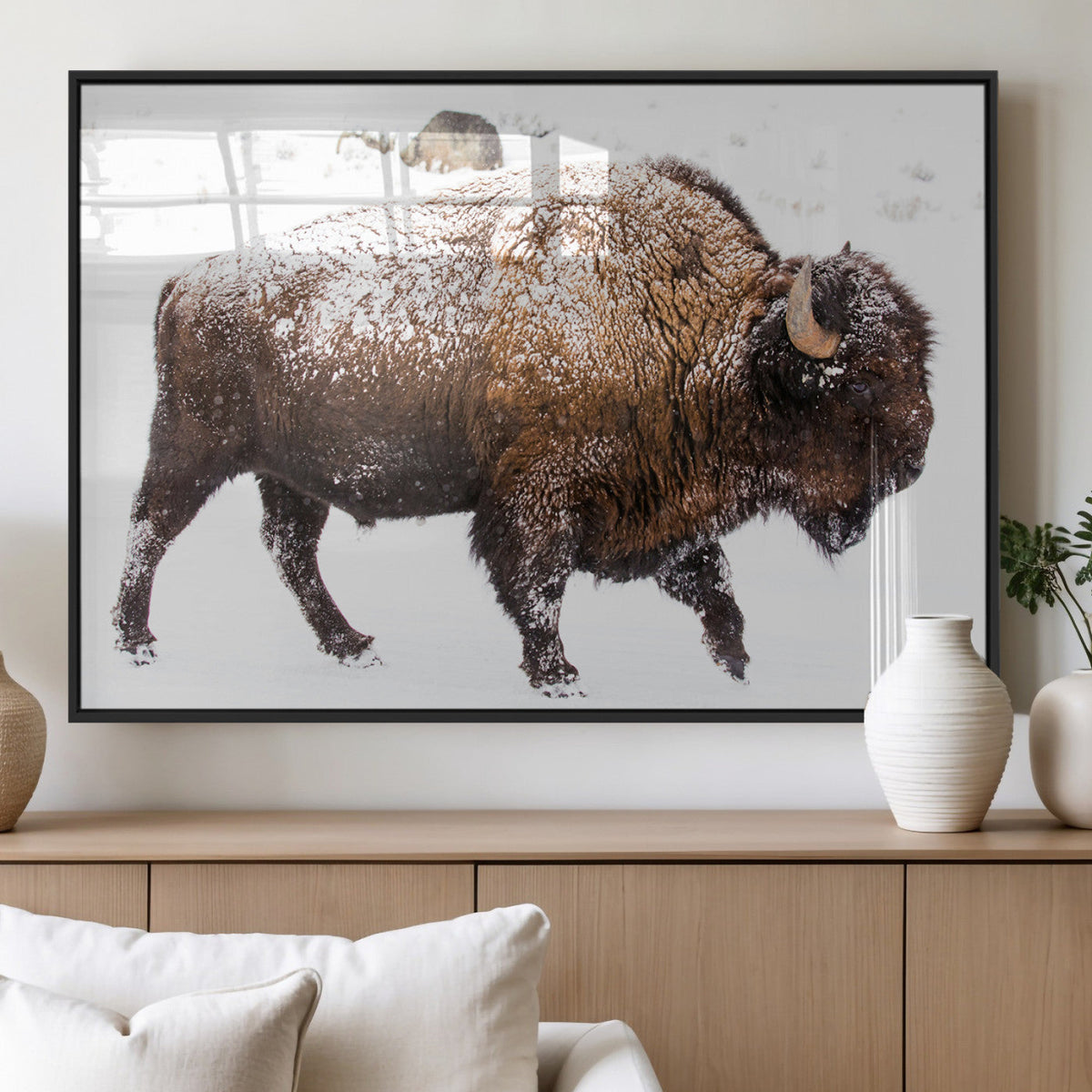 Snowy Buffalo Wall Art Canvas Print – Framed Wildlife
