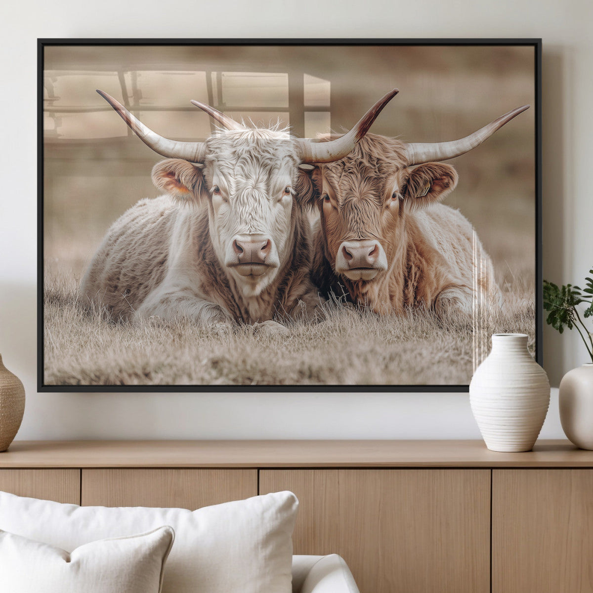 Couple Highland Cows Wall Art Canvas Print – Peaceful Meadow