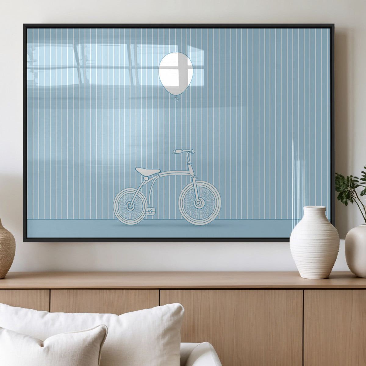 Minimalist Bicycle Balloon Canvas Wall Art – Playful Blue