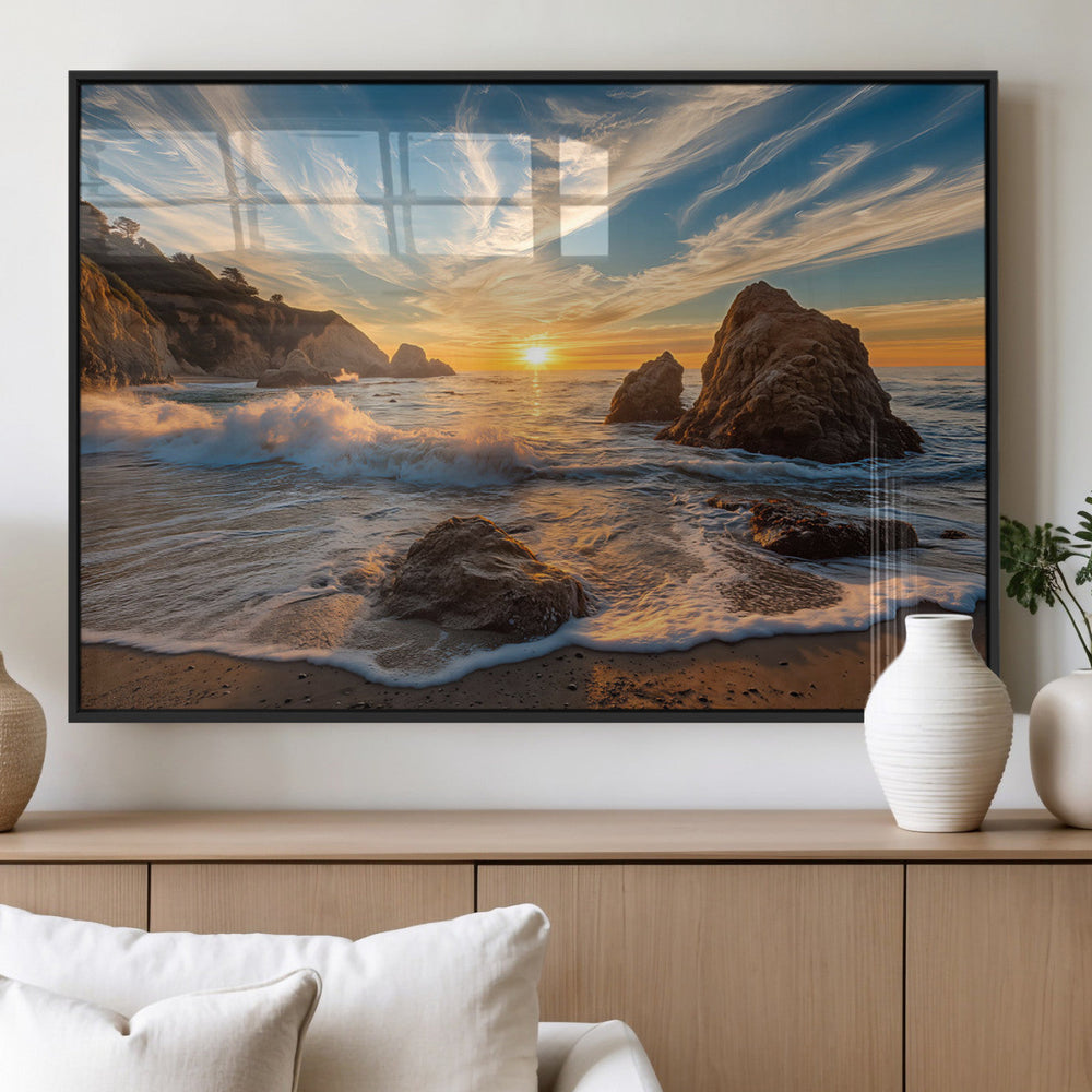 Rocky Ocean Sunset Wall Art Print – Seaside Canvas Dramatic