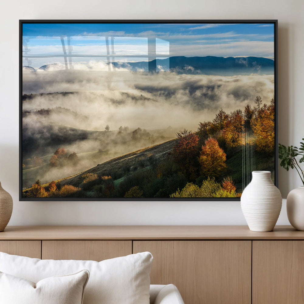 Misty Autumn Hills Wall Art Canvas Print, Foggy Forest