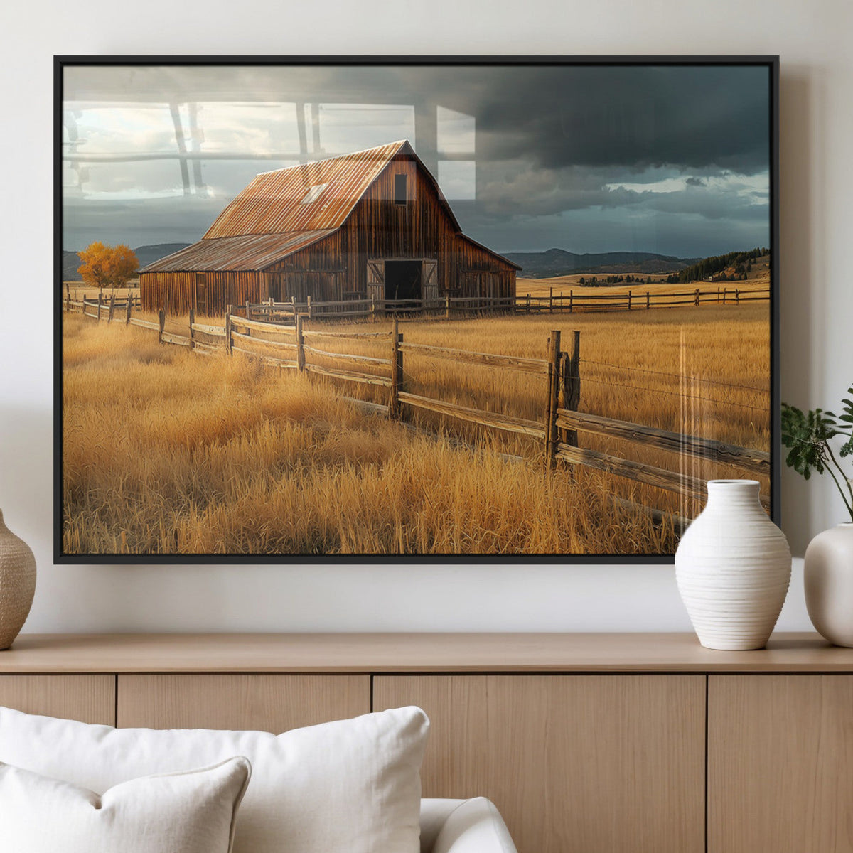 Golden Sunset Barn Wall Art Canvas Print, Rustic Autumn Farm