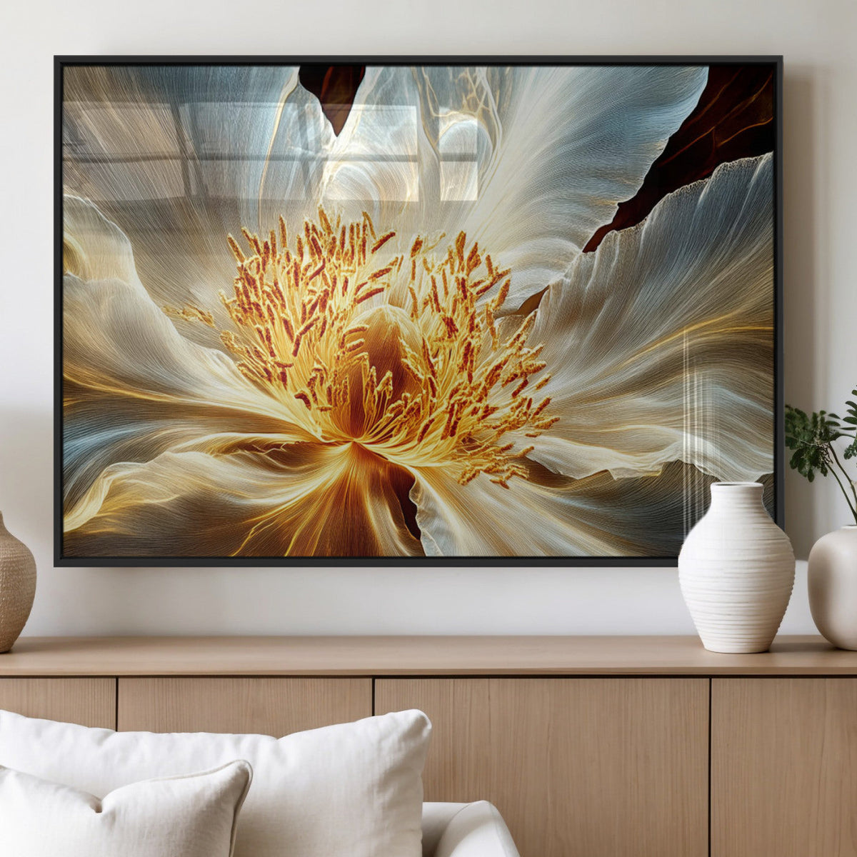 Golden Abstract Flower Canvas Wall Art, Modern Botanical