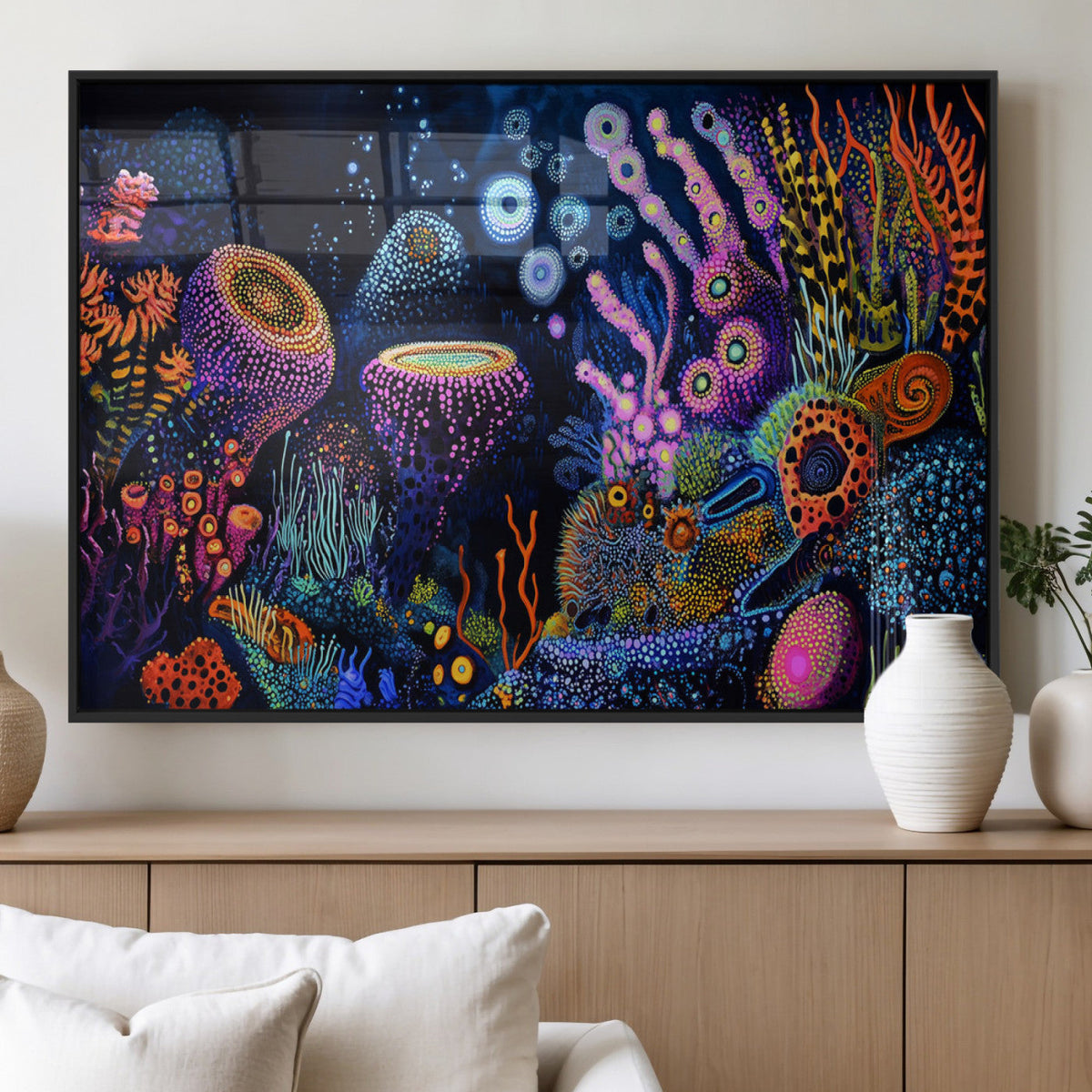 Vibrant Neon Coral Reef Wall Art Canvas Print, Colorful
