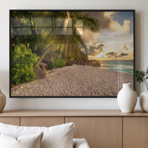 Tropical beach sunset, palm trees, white sand, ocean waves,