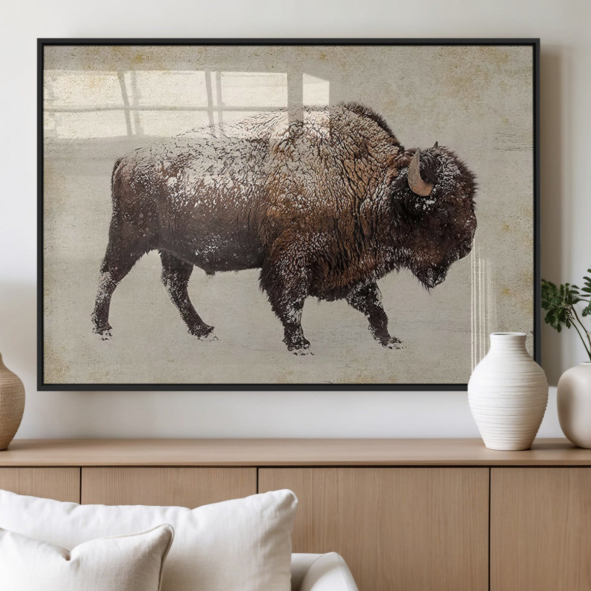 Snow-dusted bison silhouette textured vintage style rugged