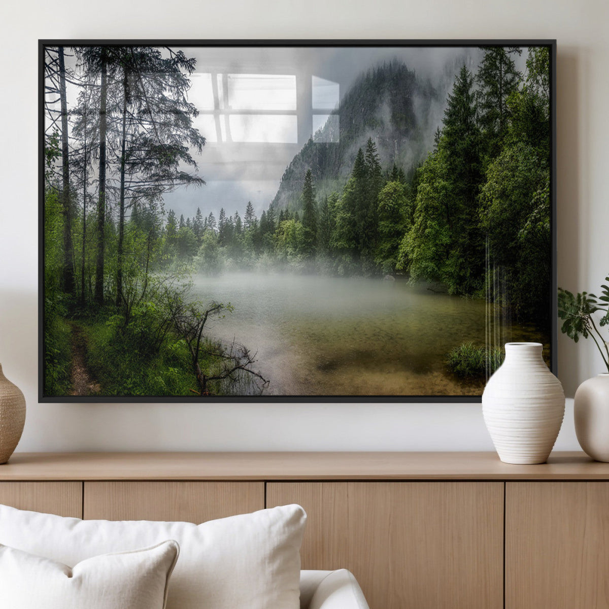 Misty Lake Forest Wall Art Canvas Print, Green Trees and