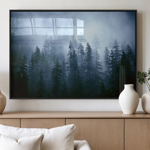 Foggy Evergreen Pines Wall Art – Mist Forest Blue Haze Moody