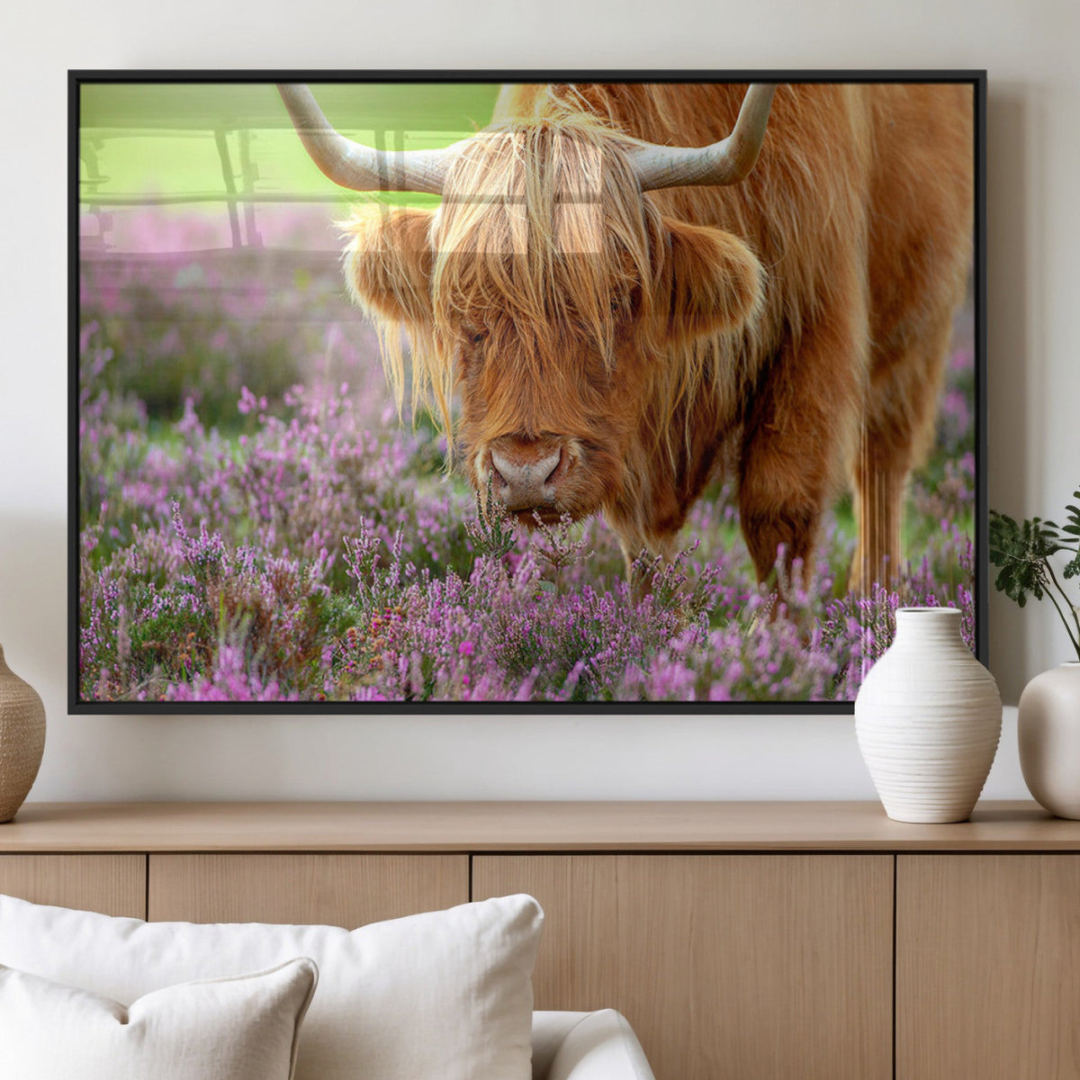 Highland Cow Wall Art Canvas Print – Framed Purple Flowers