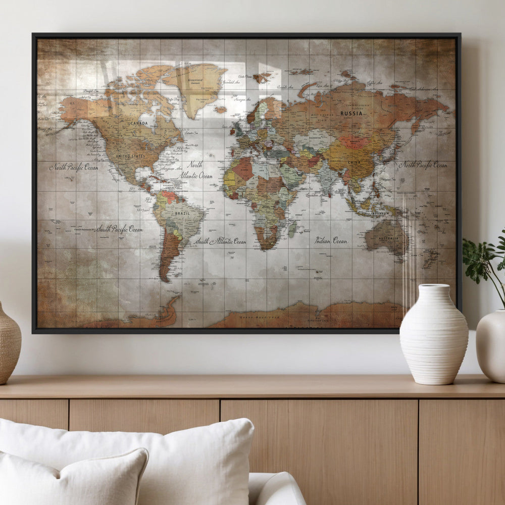 Vibrant Watercolor World Map Canvas Wall Art – Framed Travel