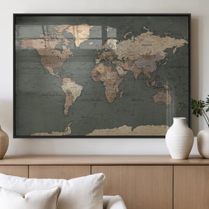 Rustic Black and Wood World Map Canvas Wall Art – Framed