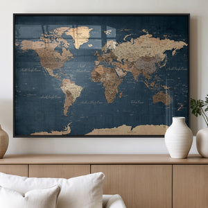Navy Blue World Map Canvas Print – Framed Travel Map Wall