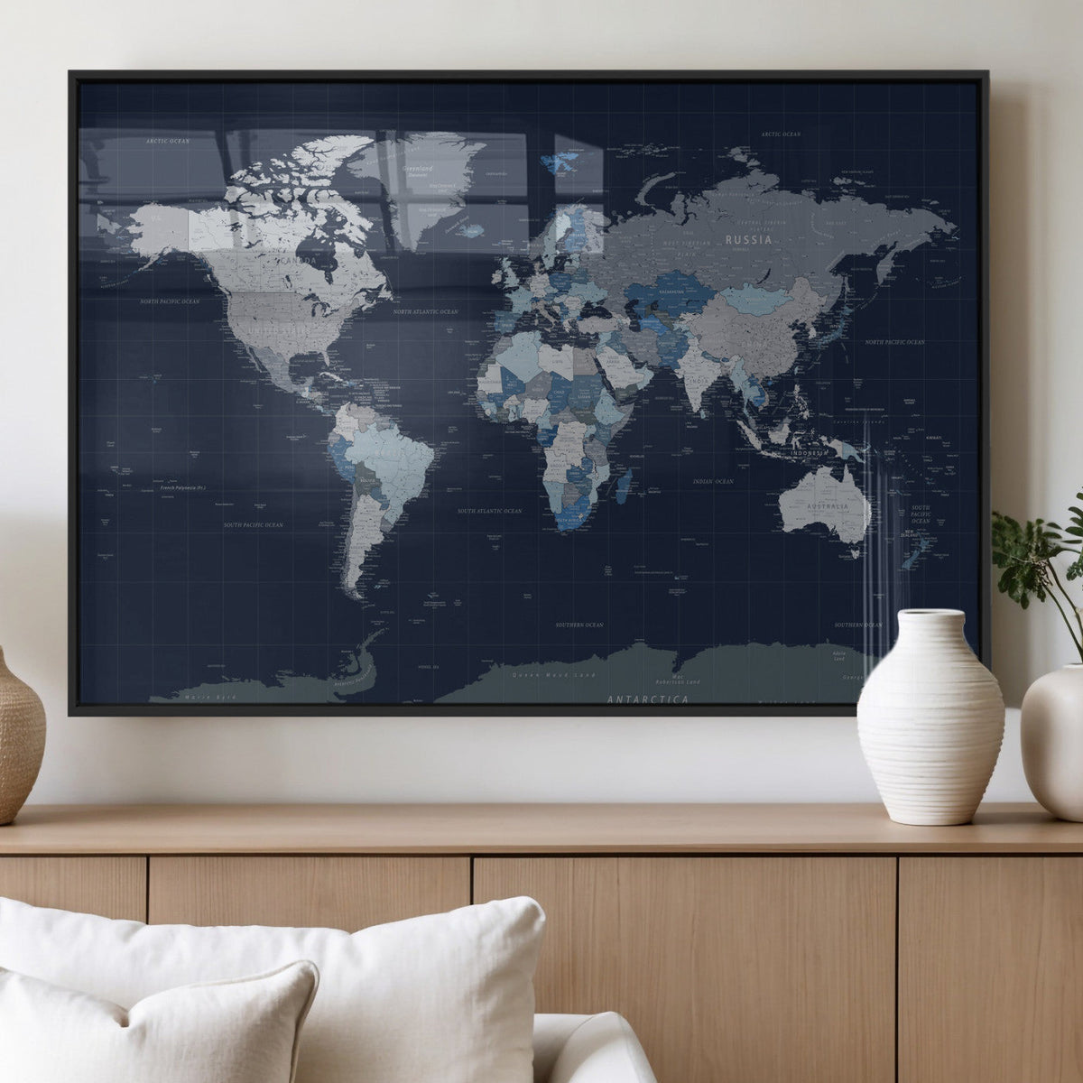 Blue Detailed World Map Wall Art Canvas Print, Modern Framed