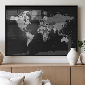 Black World Map Wall Art Canvas Print – Detailed Map of the