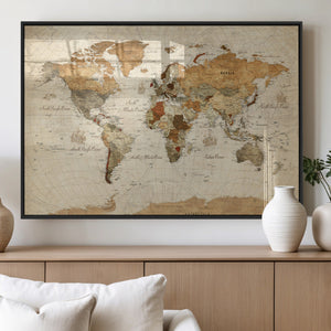 Rustic Vintage World Map Canvas Print – Framed Modern