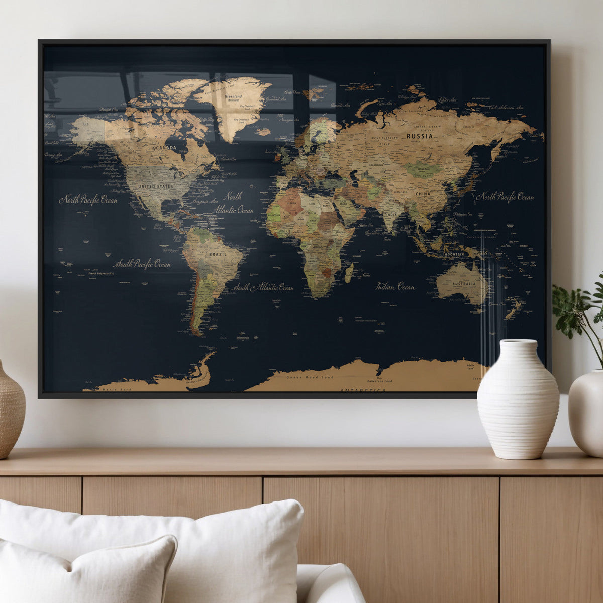 Vintage World Map Canvas on the Dark Background Wall Art
