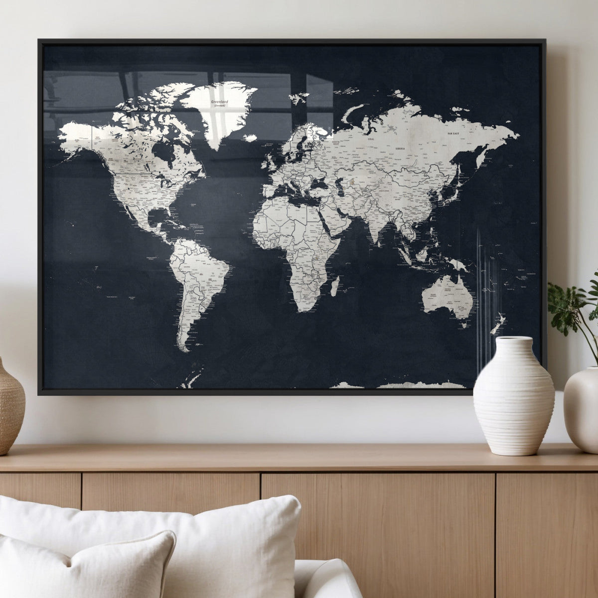 Black World Map Wall Art Canvas Print for Home Office and