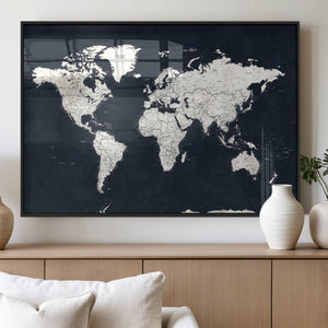 Black World Map Wall Art Canvas Print for Home Office and