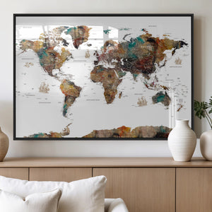 Watercolor World Map Canvas Print – Detailed Map of the