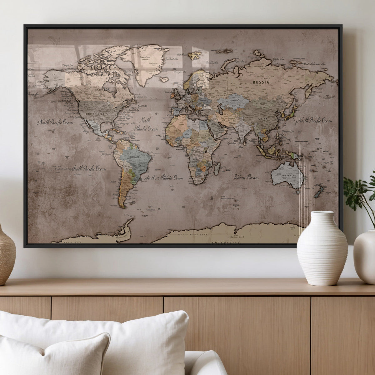 Grunge World Map Canvas Wall Art - Vintage Aged World Map