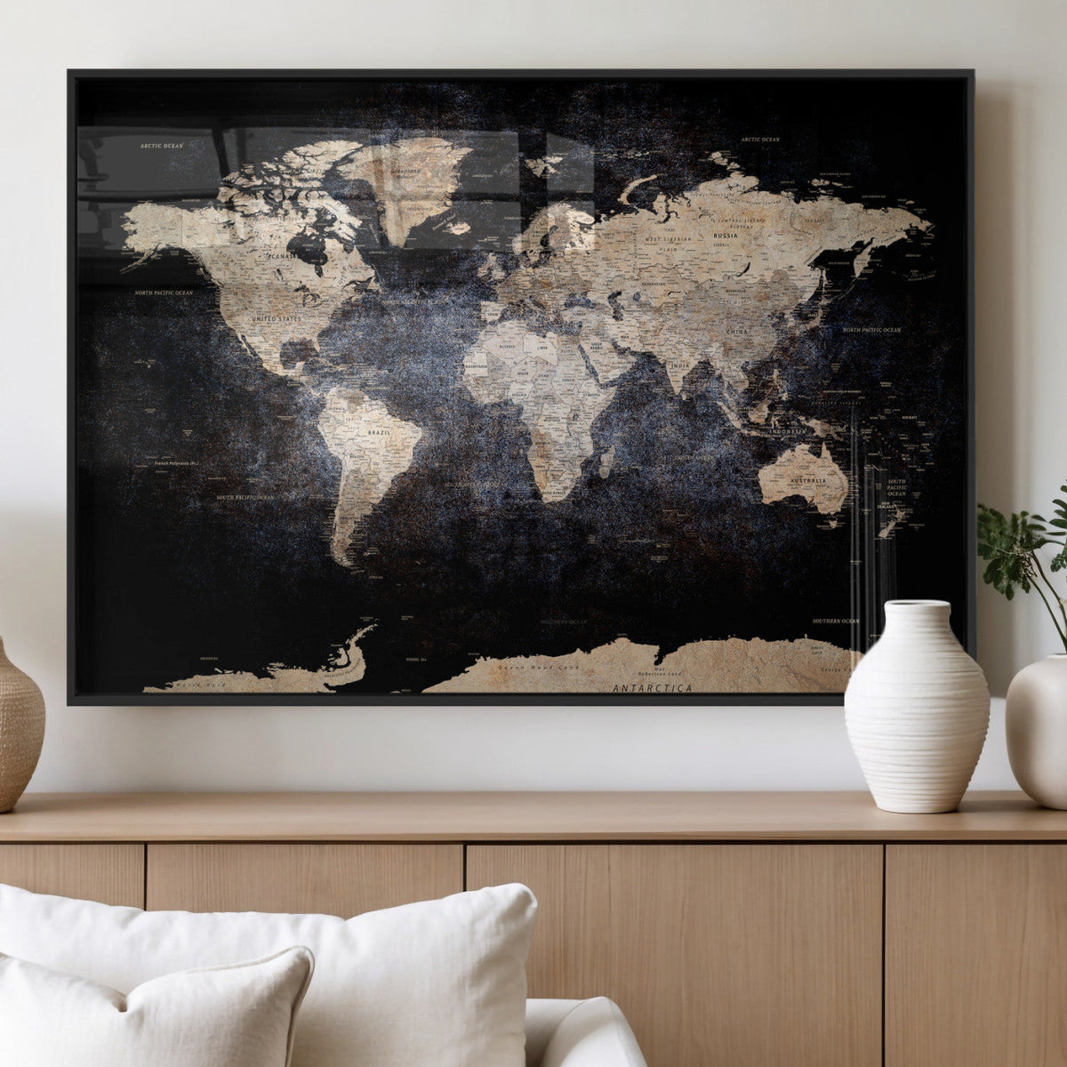 Grunge World Map Wall Art | 3-Panel Large Beige and Brown