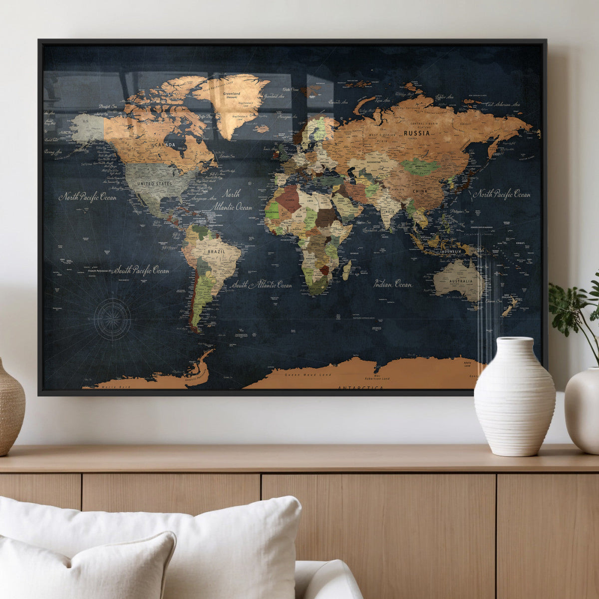Vintage World Map Canvas Wall Art – Detailed Map with