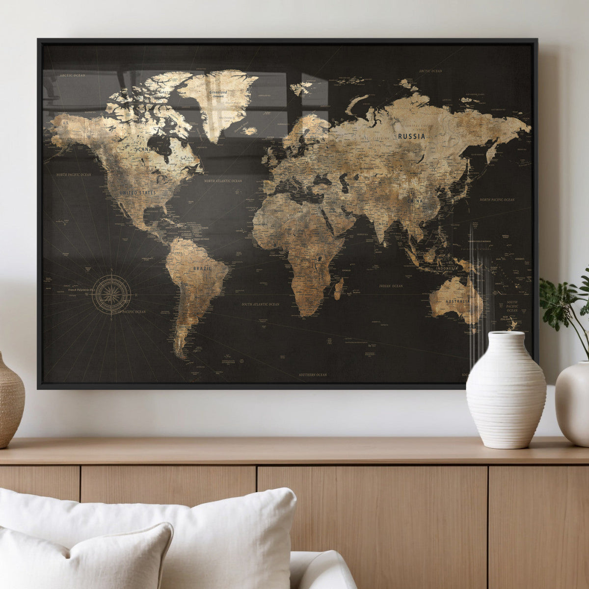 Framed World Map with Pin Canvas Print – Detailed World Map