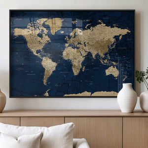 Navy Blue World Map Canvas Print – Detailed Map Minimal Navy