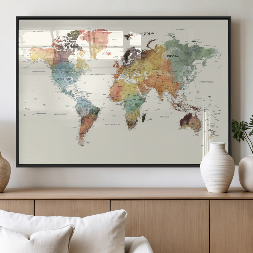 Framed World Map Wall Art Canvas Print for Living Room and