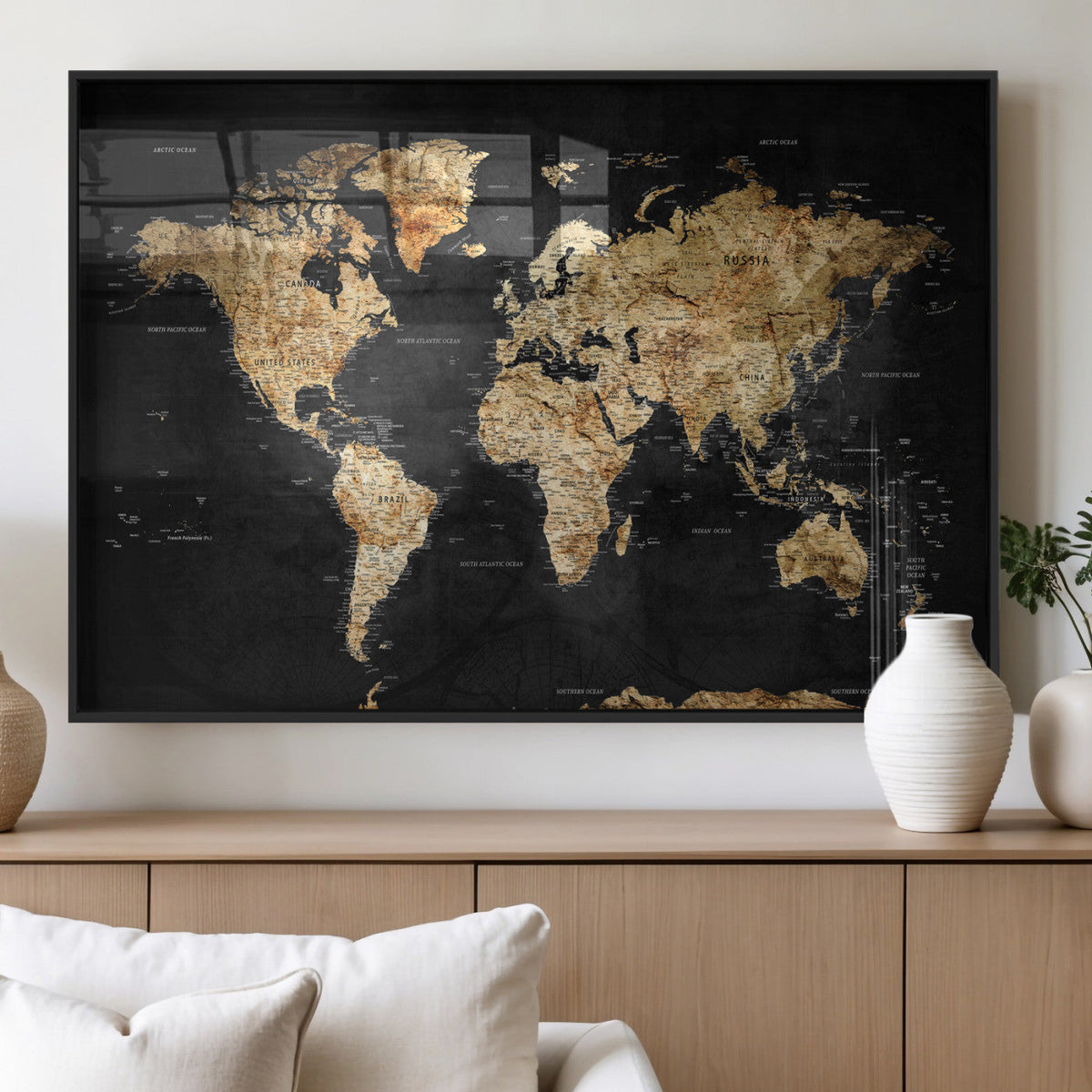 World Map Canvas Wall Art with Famous Landmarks – Framed