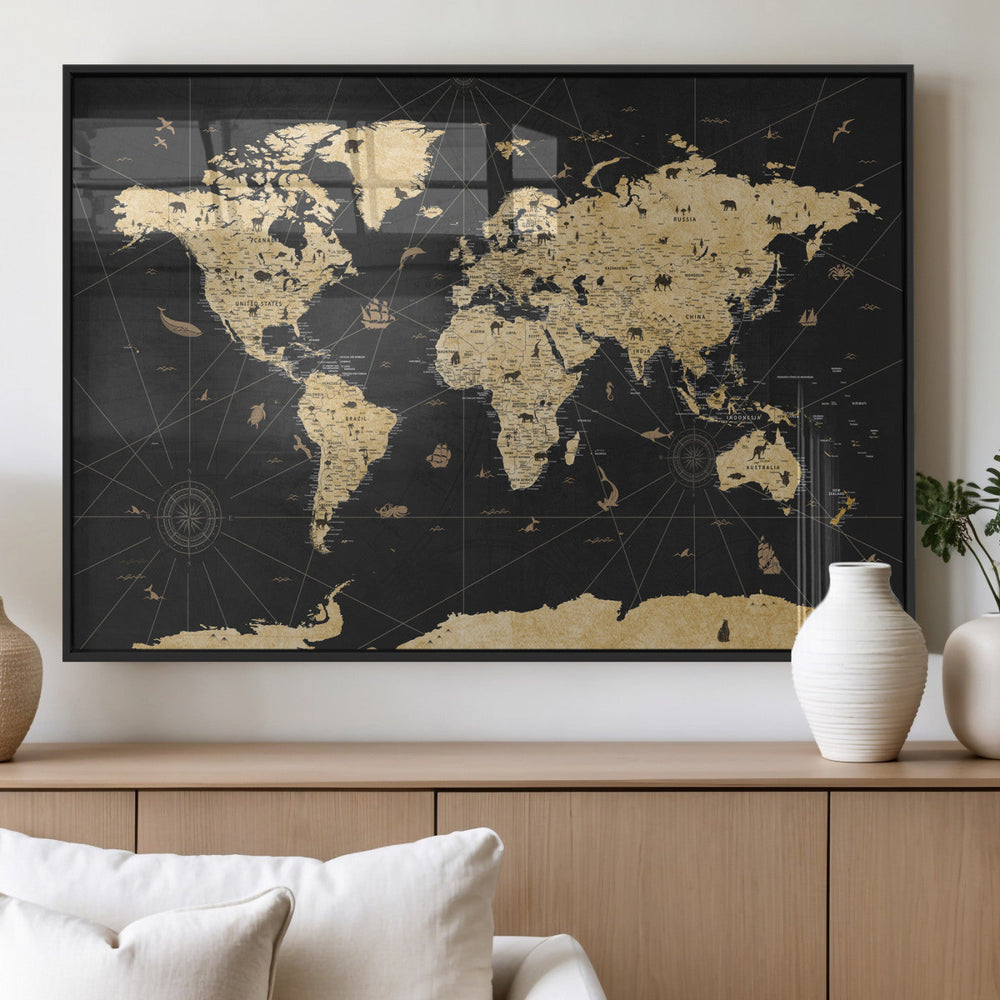 Vintage Blue and Brown World Map Canvas Wall Art – Framed