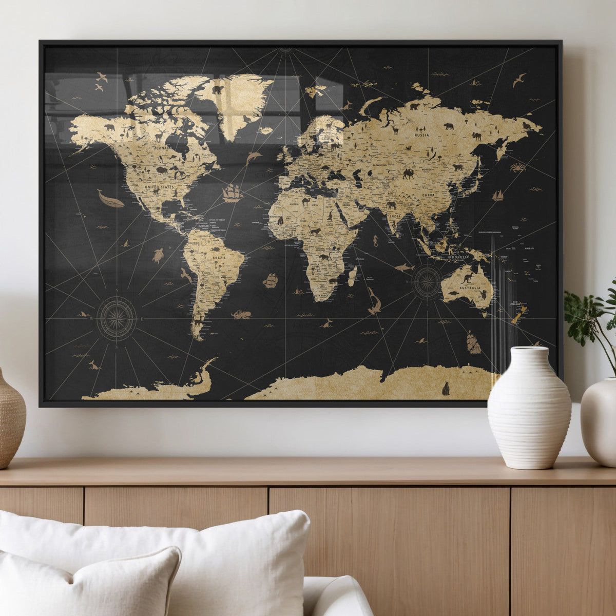 Vintage Blue and Brown World Map Canvas Wall Art – Framed