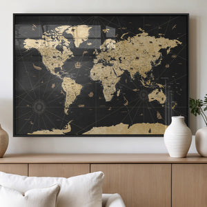 Vintage Blue and Brown World Map Canvas Wall Art – Framed