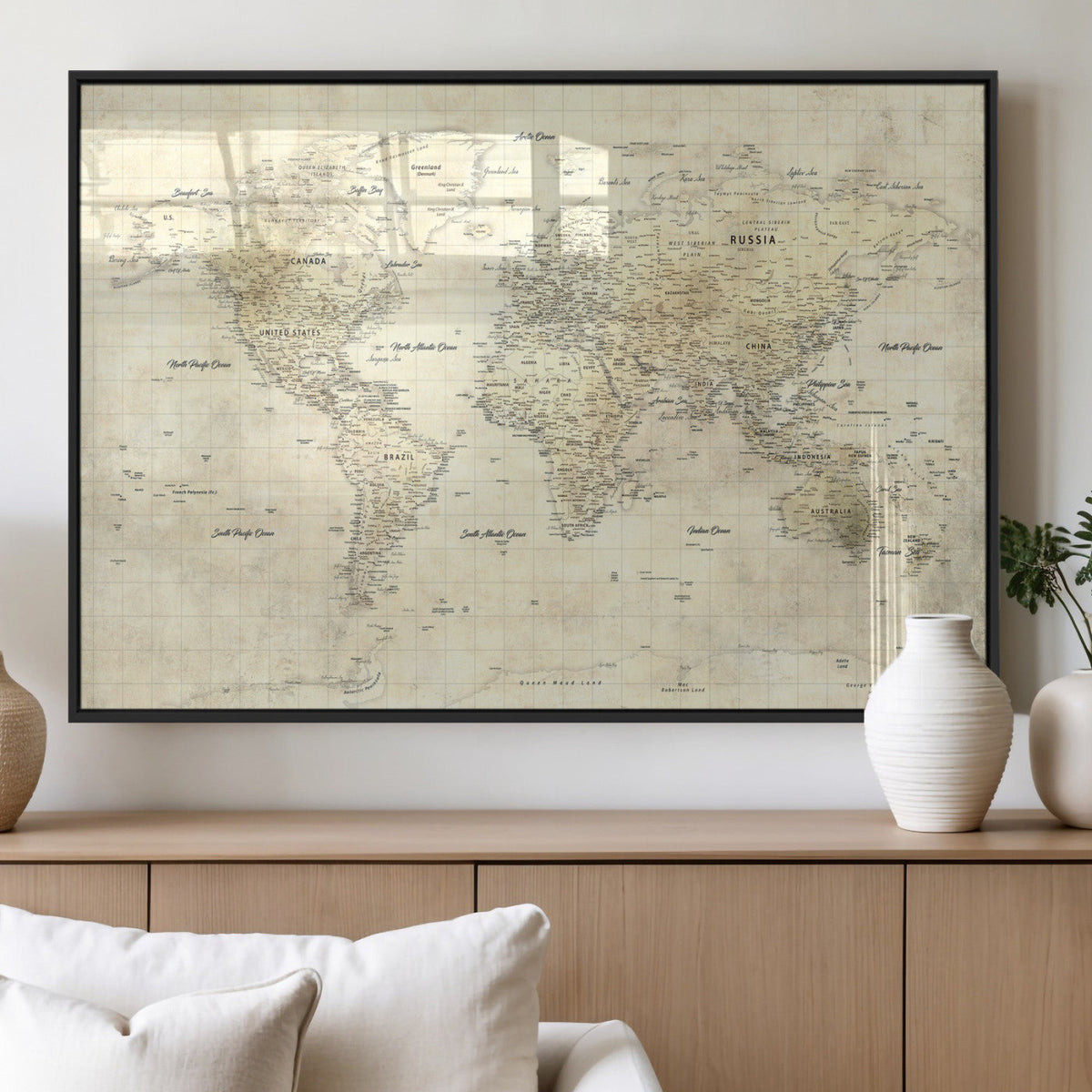 Colorful Watercolor World Map Canvas Wall Art – Framed