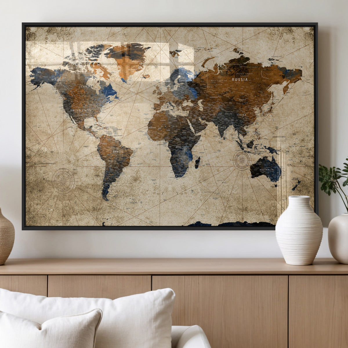 World Map Wall Art Canvas Print, Modern Decorative Framed