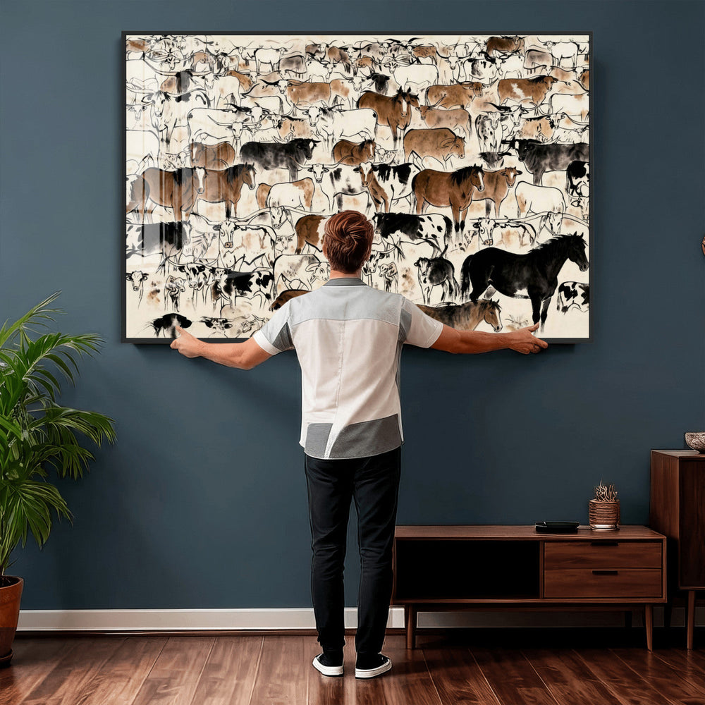 Farmhouse Animals Horse Longhorn Cow Wall Art Canvas Print -